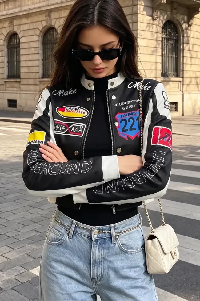 Black Typography Crop Pu Jacket