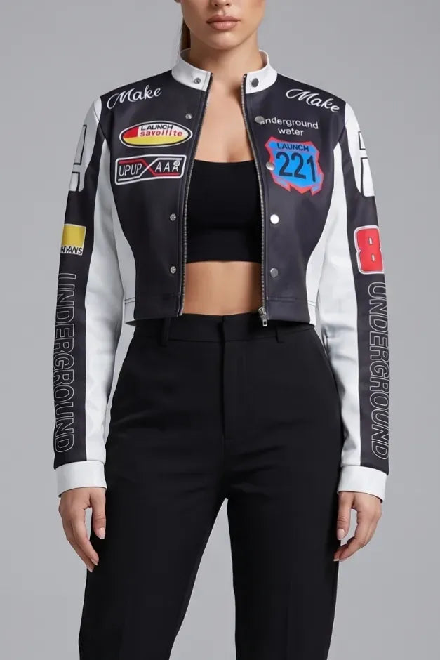 Black Typography Crop Pu Jacket