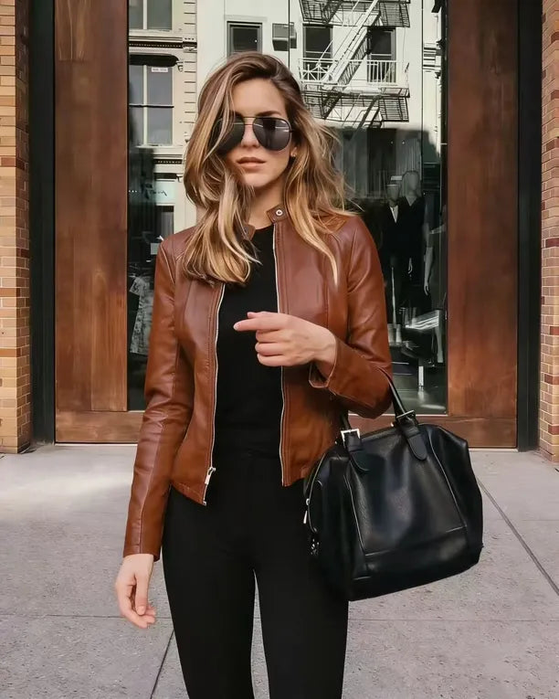 Orange Solid PU Moto Biker Jacket