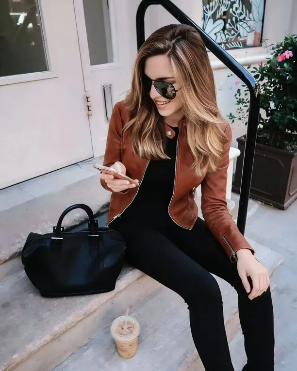 Orange Solid PU Moto Biker Jacket