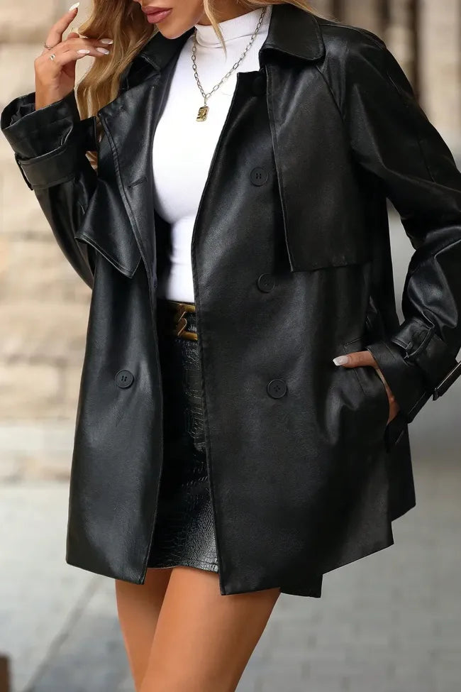 Black Belted Lapel Pu Blazer