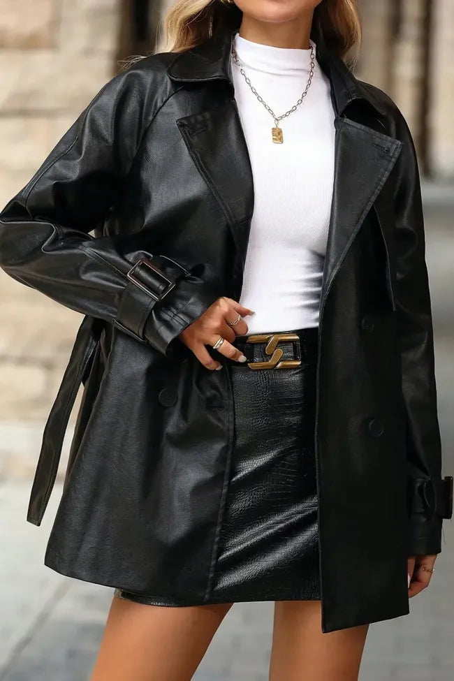 Black Belted Lapel Pu Blazer
