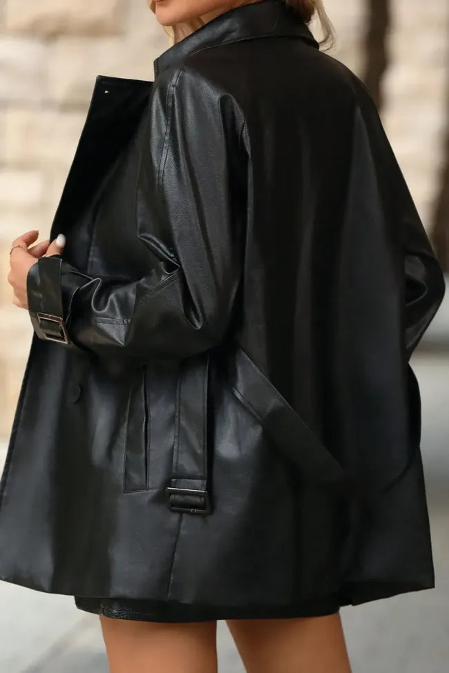 Black Belted Lapel Pu Blazer