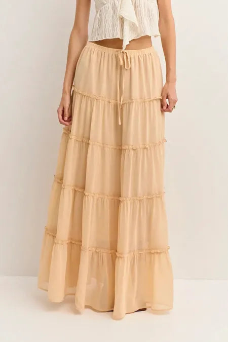 Peach Tiered Mid-Rise Maxi Skirt