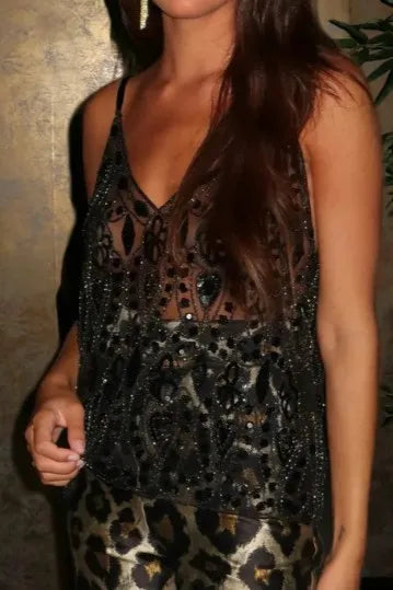 Black Embellished Sheer Vneck Top
