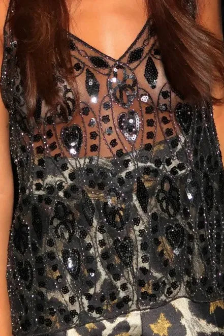 Black Embellished Sheer Vneck Top