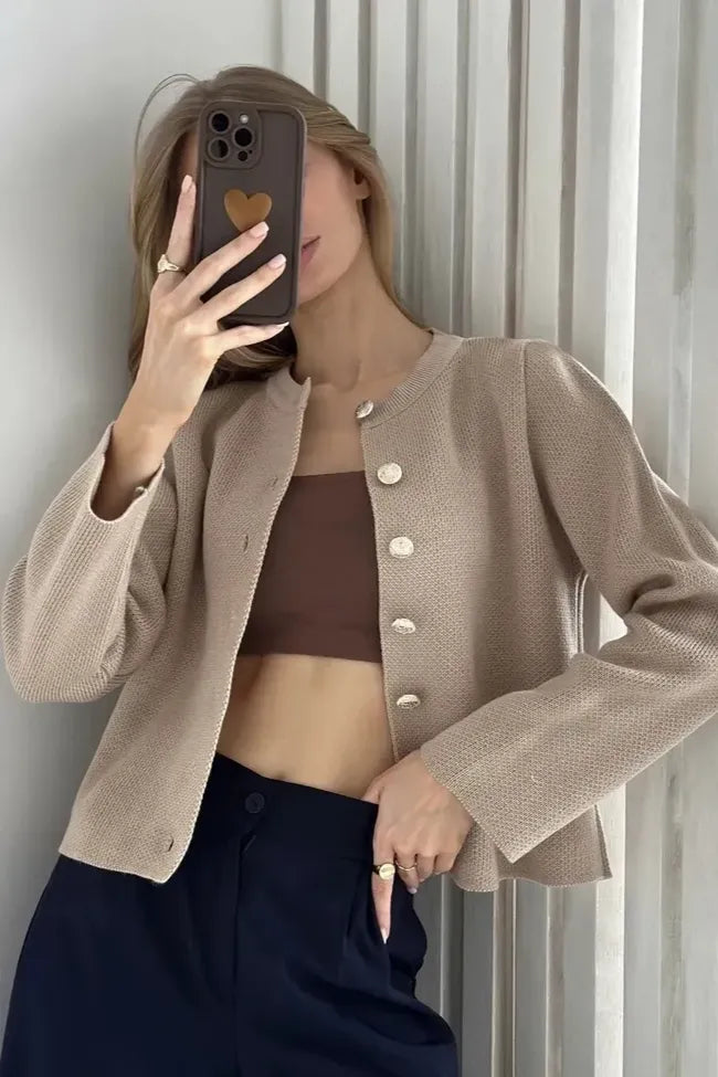 Beige Buttoned Round Neck Cardigan