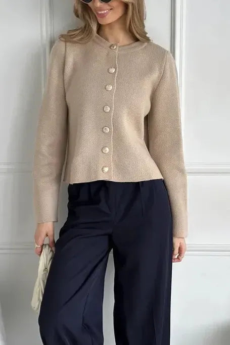 Beige Buttoned Round Neck Cardigan