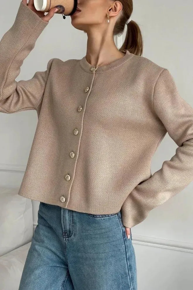 Beige Buttoned Round Neck Cardigan