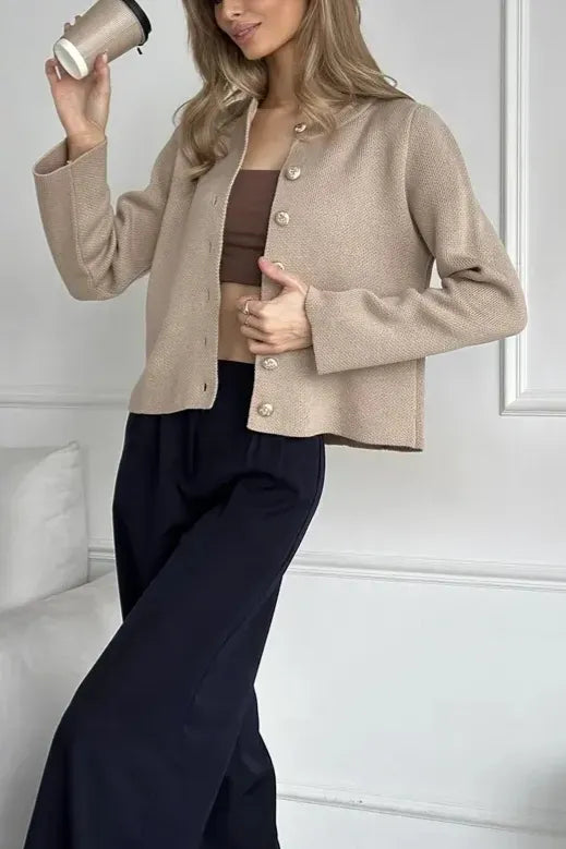 Beige Buttoned Round Neck Cardigan
