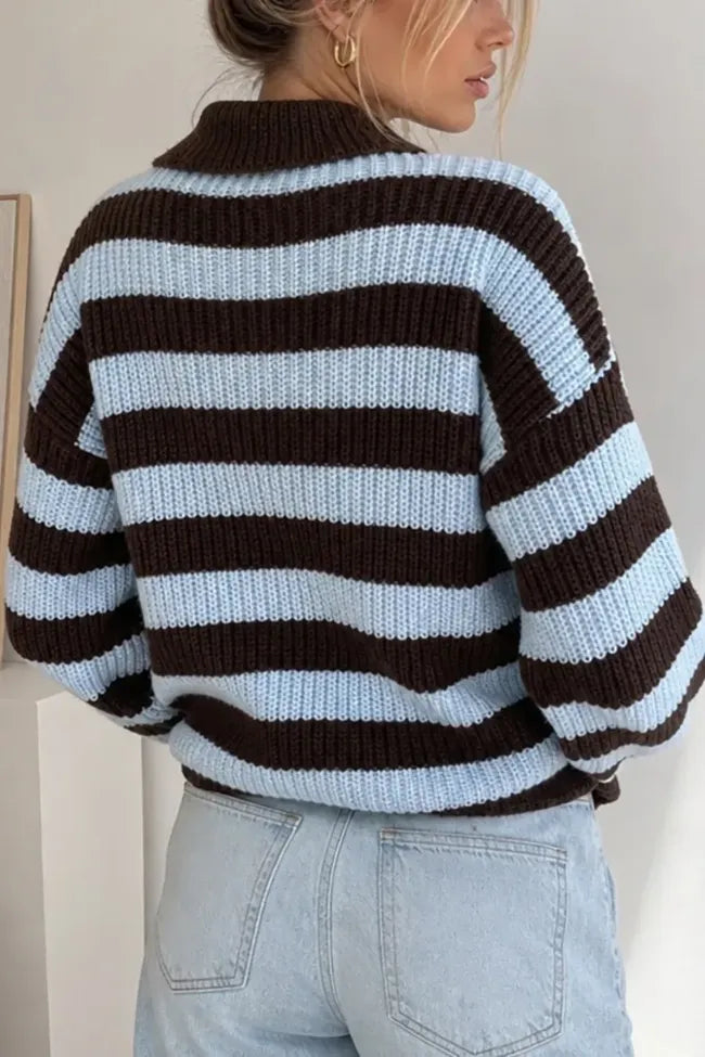 Light Blue Striped Polo-Neck Sweater