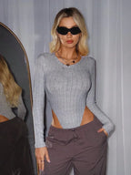 Grey Solid Ribbed Bodysuit