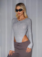 Grey Solid Ribbed Bodysuit