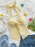 Yellow Knot Detail Halter Neck Top