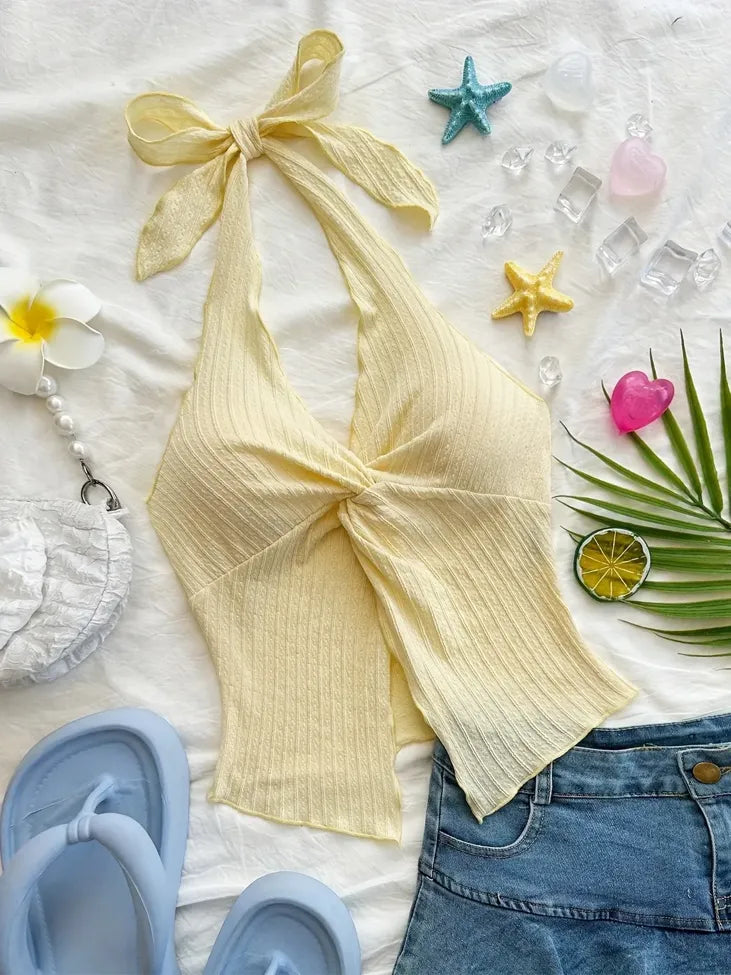 Yellow Knot Detail Halter Neck Top