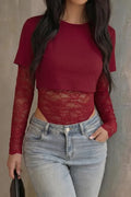 Wine Lace Round Neck Bodysuit
