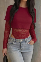 Wine Lace Round Neck Bodysuit