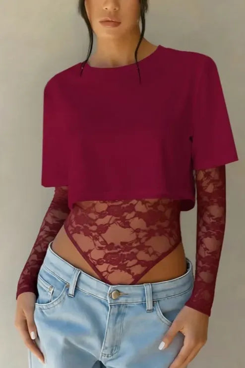 Wine Lace Round Neck Bodysuit