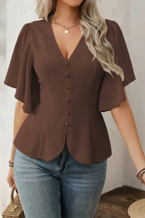 Dark Brown Solid V-Neck Top