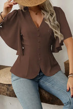 Dark Brown Solid V-Neck Top