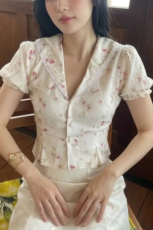 Cream Floral Lace V-Neck Top
