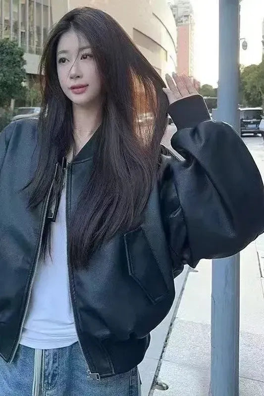 Black Solid Oversized PU Bomber Jacket
