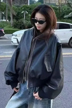 Black Solid Oversized PU Bomber Jacket