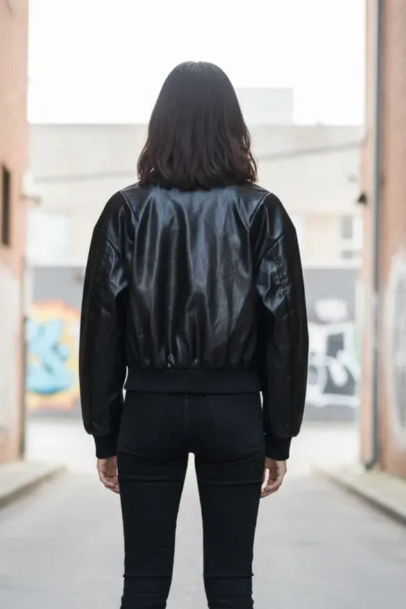 Black Solid Oversized PU Bomber Jacket