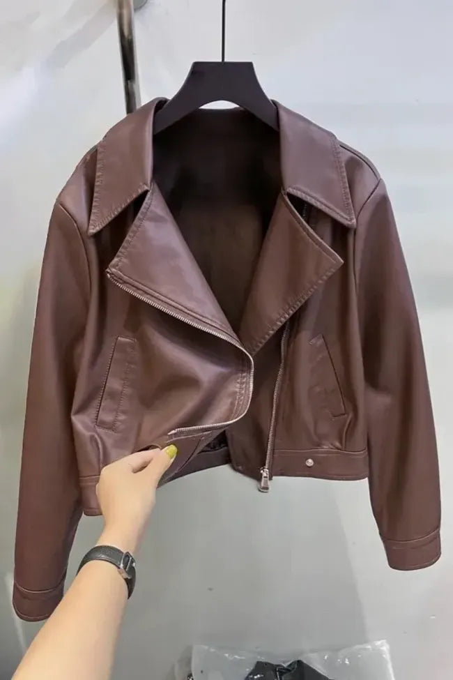 Dark Brown PU Crop Jacket
