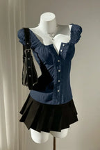Navy Solid Sweetheart Ruffled Top