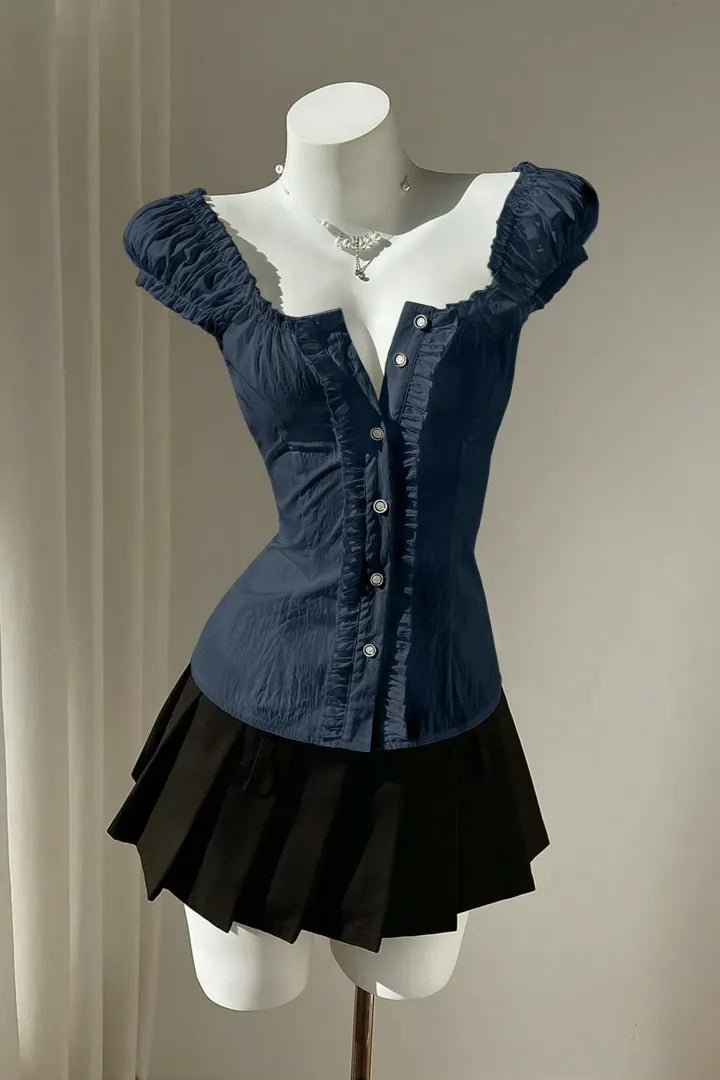 Navy Solid Sweetheart Ruffled Top