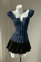 Navy Solid Sweetheart Ruffled Top