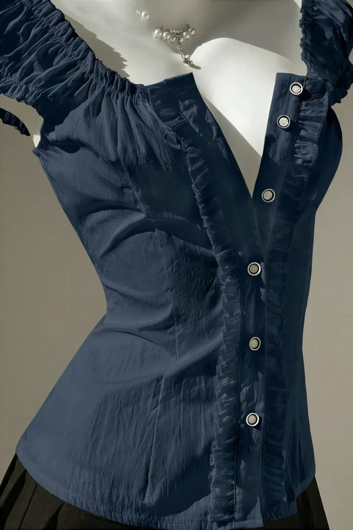 Navy Solid Sweetheart Ruffled Top
