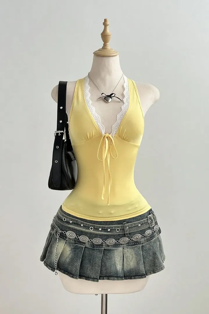 Light Yellow Plunge Lace Top