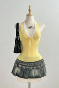 Light Yellow Plunge Lace Top