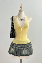 Light Yellow Plunge Lace Top