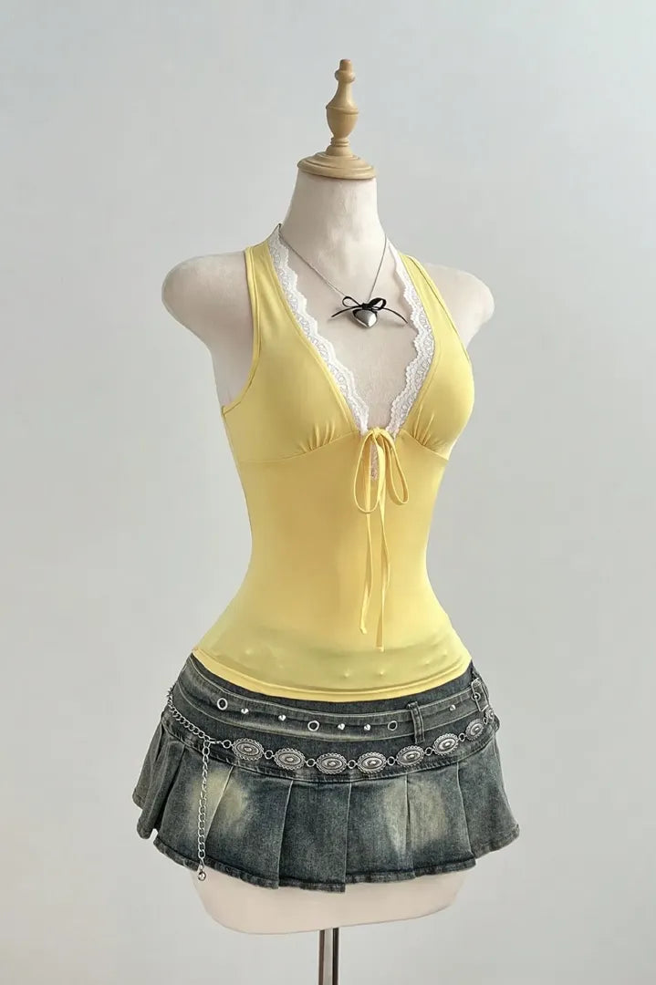 Light Yellow Plunge Lace Top