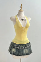 Light Yellow Plunge Lace Top