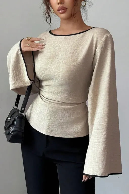 Beige Solid Flared Sleeves Top