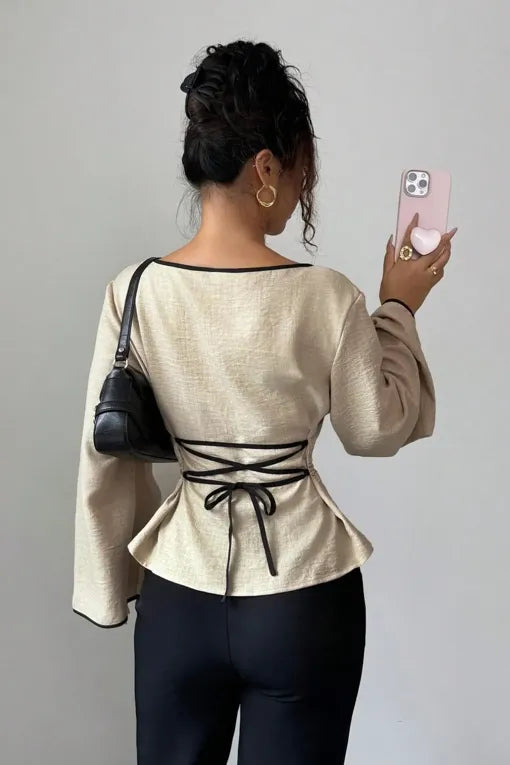 Beige Solid Flared Sleeves Top