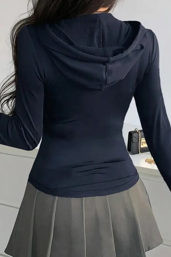 Dark Blue Solid Fitted Hood Neck Sweatshirt
