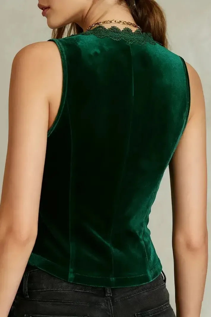 Dark Green V-Neck Lace Top
