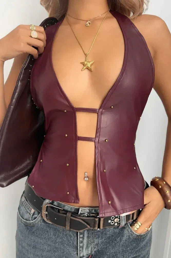 Wine Halter Studded Tie-Up Top