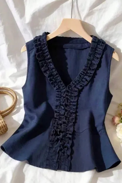 Navy Blue Ruffle V-Neck Top
