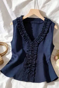 Navy Blue Ruffle V-Neck Top