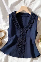 Navy Blue Ruffle V-Neck Top