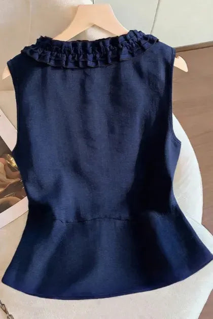 Navy Blue Ruffle V-Neck Top