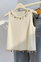 Beige Embellished Crew Neck Top