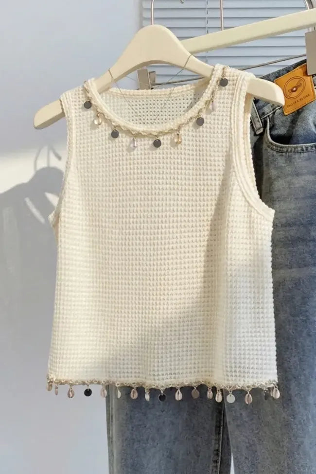 Beige Embellished Crew Neck Top