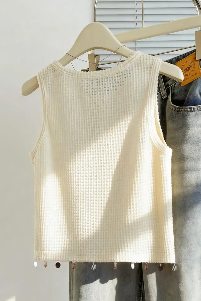 Beige Embellished Crew Neck Top